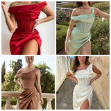 Ebbgo  -  High Quality Satin Bodycon Dress Elegant Women Party Dress Red Off The Shoulder Sexy Dress Celebrity Evening Night Dresses