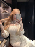 Ebbgo  Chinese Style Midi Knitted Dress Women Long Sleeve O-neck Autumn Winter Elegant Slim Solid Mermaid Vintage Fashion Vestidos New