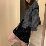 Ebbgo  Black Mini Sequin Skirt Women Korean Fashion Sexy Elastic Waist Slim A-line Short Skirt with paillettes Casual Autumn