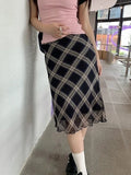 Ebbgo   Y2k Vintage Plaid Skirt Women Summer 2024 Korean Style Casual Mesh Print High Waist Slim Midi Skirt Girl 90s Streetwear