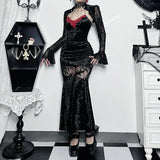 Ebbgo  -  Dark Goth Vampire Hanging Neck Dress Female Halloween Costume Hollowed-out Ass Long Fishtail Dress Subculture Sexy Slim Fit