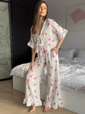 Ebbgo  -  Print Long Pants Suit Women Casual Loose V Neck Lace Up Half Sleeves Tops Female Spring Summer Elegant Set 2 Pieces Lady