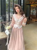 Ebbgo  -  French Pink Vintage Dress Woman Princess Fake Two Pieces Dress Female Casual Lace Long Sleeve Elegant Party Midi Dresses