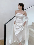 Ebbgo  - Women Summer Elegant Satin Silky Off Shoulder Slim White Cocktail Dress Lady Party Maxi Dress vestidos de fiesta para bodas