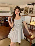 Ebbgo  Sweet Puff Sleeve Dress for Women Vintage Wrap Bodycon Short Dresses Preppy Style School Robes Female  Summer Dress