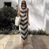 Ebbgo  -  Striped Knitted Beach Dress Women Fashion Tassel Slim Long Dresses Summer Sleeveless Bohemian Holiday Dress Beachwear