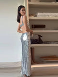 Ebbgo  -  Sexy Sling Backless Silvery Maxi Dresses For Women Fashion High Waist Bodycon Sleeveless Robes Female Evening Party Vestidos