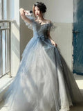 Ebbgo  -  Women Blue Tulle Layered Prom Dresses Slash Neck Flying Sleeve Quinceanera Dresses Female Long Evening Gowns