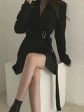 Ebbgo  -  Working Lady Blazer Coat Women Casual Chic Elegant Suit New Fashion Jacket with Belt Solid Outerwear Korean Style Clothing