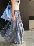 Ebbgo   Vintage Ruffled Plaid Long Skirts Womens Spring Summer Streetwear Casual Sweet Elastic Waist A-Line Skirts 2024 New