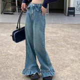 Ebbgo  Vintage Chic Loose Blue Denim Pants Women 2024 Spring New High Waist Flare  Y2k Grunge Ruffles Wide Leg  Mujer