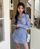 Ebbgo  -  Two Piece New Stripe Slim Women Dress Sexy Sweet Casual Long-Sleeved Dress Woman Blue Street Chicly Shorts Suit