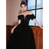 Ebbgo  -  Prom dresses gala ball dress black off-Shoulder velour dinner party evening gown black H221