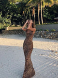 Ebbgo  - Summer Leopard Sexy See Through Dress Maxi Backless Sheer Beach Dress Lace Up Elegant Floor Length Holiday Dress