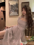 Ebbgo  -  French Elegant Fairy Midi Dress Office Lady One Piece Dress Korean Fashion Summer Pure Color Sweet Even Party Dress Woman