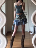 Ebbgo  Summer Women Korean Fashion Gauze Patchwork Mini Denim Skirt Cutecore Gyaru Coquette 2000s Coquette Y2k Streetwear Grunge Design