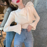 Ebbgo  French Style Bow Flare Sleeve Pullovers Women  Temperament Slim Bottoming Sweater Ladies Simple All-Match Jumper Knitwear