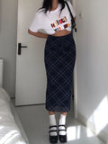 Ebbgo   Vintage Y2k Long Skirt Women Plaid Low Waist Slim Mesh Patchwork Straight Midi Skirt Casual Preppy Style Streetwear