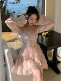 Ebbgo  Elegant Floral Sexy Dress Women Summer Print Party Mini Dresses Casual High Waist Holiday Long Sleeve Korean Fashion Dress