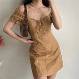 Ebbgo  -  Summer New French Sexy Square Neck Lace Up Bubble Sleeves Slimming Dress Women's Slim Fit A-line Short Skirt