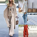 Ebbgo  -  Three Piece Sets Fashion Long Cardigan Cover Up V-Neck Sling Tank Undershirt Whit Straight Pant Suit Causal Loose Solid Sets