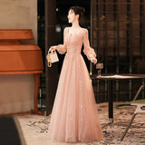 Ebbgo  -  Dresses medium length Pink dinner dress party evening floral cocktail graduation Banquet lace long sleeve gala ball gown H112