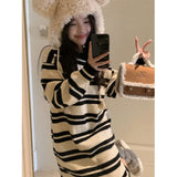 Ebbgo  -  Korean Style Striped Knitting Dress Autumn Winter Women O-Neck Long Sleeve Warm Slim Casual High Quality Sweater Dresses