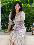 Ebbgo  Summer Floral Sweet Dress Women Designer Ruffle Flounce Elegant Midi Dress Female Korean Fashion Temperament Holiday Dress