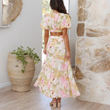 Ebbgo  -  Spring Floral Print Boho Long Dress Women Sexy Deep V Neck Backless Party Dress Summer Puff Short Sleeve Beach Maxi Dresses