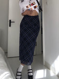 Ebbgo   Vintage Y2k Long Skirt Women Plaid Low Waist Slim Mesh Patchwork Straight Midi Skirt Casual Preppy Style Streetwear