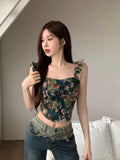 Ebbgo  Floral Print French Vintage Vest Women Ruffles Korean Fashion Sexy Tank Top Female Holiday Party Elegant Designer Camis  New