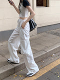 Ebbgo  -  Draping Design Chiffon Grey Trousers Women's Summer Loose Overalls Straight Trousers High Waist Slim Casual Pants