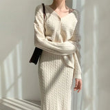 Ebbgo  -  Fried Dough Twists V-neck Knitted Cardigan Sweater Slim Skirt Two Piece Elegant Women's Dress Set Party Sexy Dress