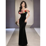 Ebbgo  -  Evening dresses flower gown black velet off shoulder dress French fishtail long skirt h88323