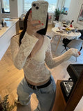 Ebbgo  2024 Trendy Women New Lace Knitted Crop Top Fashion Vintage Grunge Tee Shirts Sexy V Neck Y2k Aesthetic Harajuku T-Shirts Korean