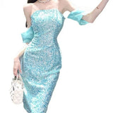 Ebbgo  -  Evening dress dresses lake blue sequin party lantern sleeve ball gown h29tops