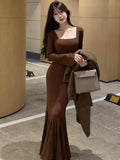 Ebbgo  Autumn Fashion Maxi Dress Women Long Sleeves Square Collar Spring Korean Style Slim Fit Mermaid Elegant Basic Thin Vestidos 2023