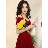 Ebbgo  -  Elegant Dress Women's off Shoulder Spaghetti Straps Mid-Length Bow Evening Dress Red Satin H82092