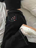 Ebbgo  Flower Embroidery Vintage Streetwear Jeans Women Pockets Korean Fashion Denim Pants Female High Waist Sweet Casual Pants