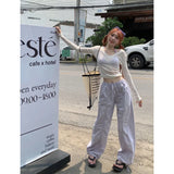 Ebbgo  Women Purple Casual Pants Solid American Vintage Fashion Straight Wide Leg Pants High Street Y2K Female Summer Mopping Trouser