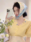 Ebbgo  2024 Spring/Summer New Women's Slim Fit Bubble Sleeves Short sleeved Knitwear Bright Yellow Sweet Versatile Cardigan Y2K