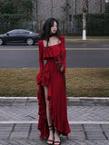 Ebbgo  -  Spring Women Elegant Long Slevee Midi Dress Female Red Square Collar Ruffle Party Dress Christmas Irregular Prom Dress