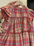 Ebbgo  -  Summer Loose Sweet Shirts Flying Sleeve Wavy Edge Ruffled Edge Doll Blouses Plaid Top Female Vintage Camisas Y Blusas