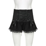 Ebbgo  -   Gothic Black Skirt Women Y2K Lace Patchwork Crossed Lace-up Sexy High Waist Extreme Mini Skirt Fairy Grunge Streetwear