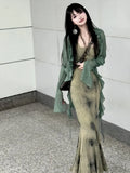 Ebbgo  -  New Chinese Style Halo Dyeing Slim Fit Camisole Dresses+ Y2k Ruffles Long Sleeve Green Cardigan Spring  Two Piece Sets