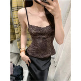 Ebbgo  Summer Leopard Print Small Sling Y2K Women European Style Chic Design Tops Sleeveless Fashion Femmes Lace Sexy Cropped Vest Tops