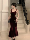 Ebbgo  -  Elegant Burgundy Party Prom Dress Spring Summer Solid Sleeveless Velvet Wedding Robe Lady Bodycon Spaghetti Strap Vestido Mujers