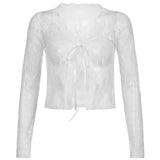 Ebbgo  American Sexy Lace See Through Cardigan Mujer V-neck Crop Top Slim Fit Tops Women Y2k E-Girl Long Sleeve All-match Shirts