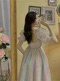 Ebbgo  -  Elegant Rainbow Fairy Dress Vintage Women Kawaii Designer Print Sweet Dress Female High Waist Casual Sweet Party Midi Dress