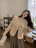 Ebbgo  Temperament Sweet Tassel Coat Women Fashion Round Neck Single Breasted Korean Gentle Soft Solid Loose Spring Female Chic Jacket